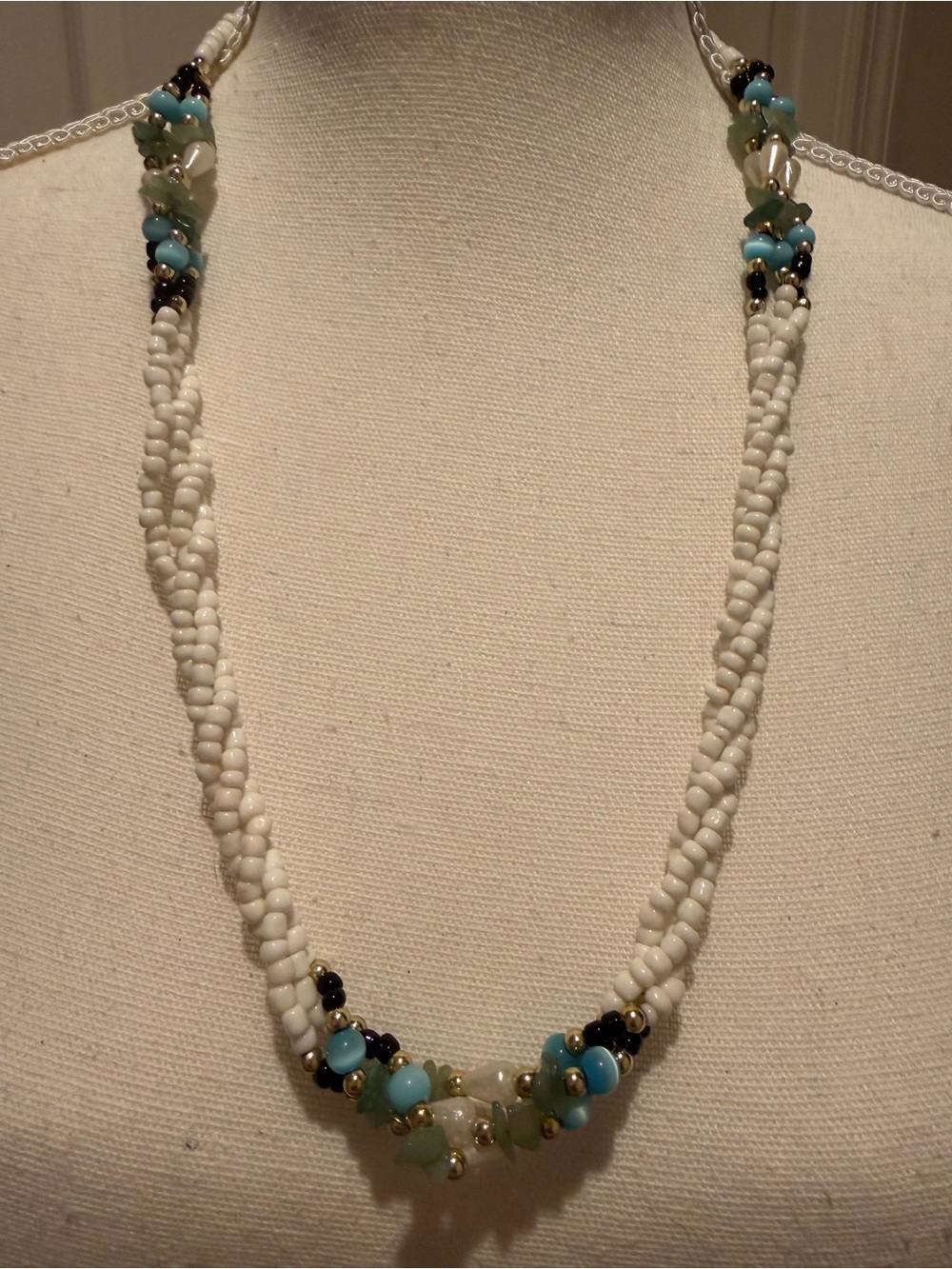 Vintage White Beaded Necklace with Turquoise and Black Accents